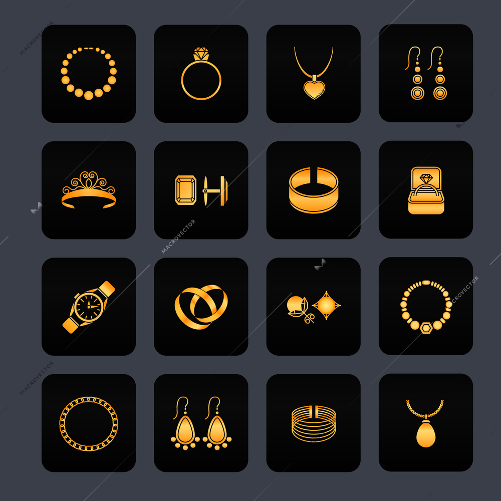 Jewelry black icons set of diamond gold fashion precious treasures isolated vector illustration