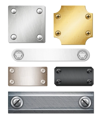 Set of realistic metal plates of various shape and color with fasteners isolated vector illustration