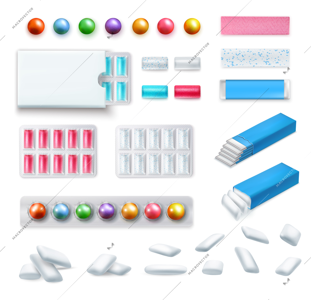 Set of realistic chewing gum of various shape and color in packaging and without isolated vector illustration