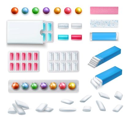 Set of realistic chewing gum of various shape and color in packaging and without isolated vector illustration