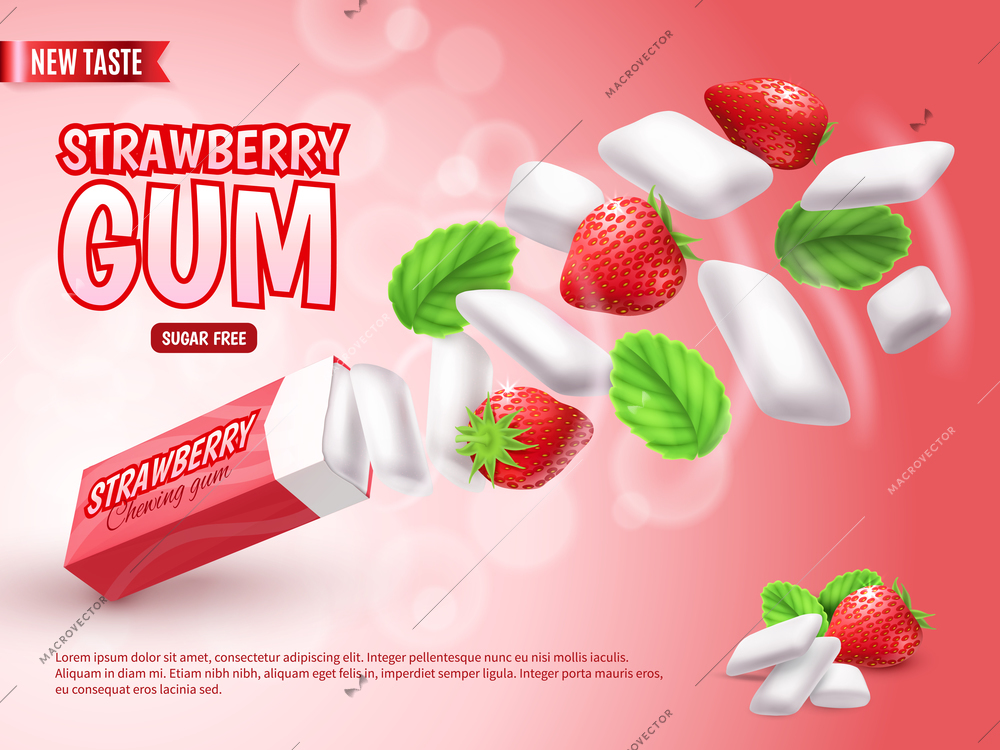 Chewing gum with strawberry and green leaves on blurred red gradient background advertising composition realistic vector illustration