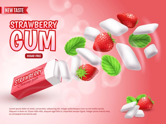 Chewing gum with strawberry and green leaves on blurred red gradient background advertising composition realistic vector illustration