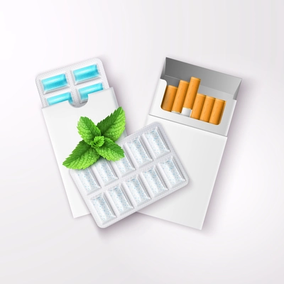 Realistic chewing gum in blister packaging and open pack of cigarettes with peppermint leaves vector illustration