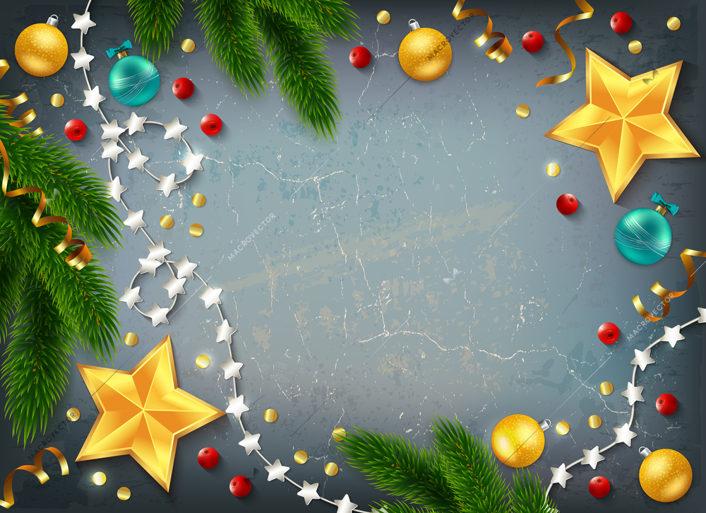 Christmas composition with fir needle stars and fairy lights with balls and empty space for text vector illustration