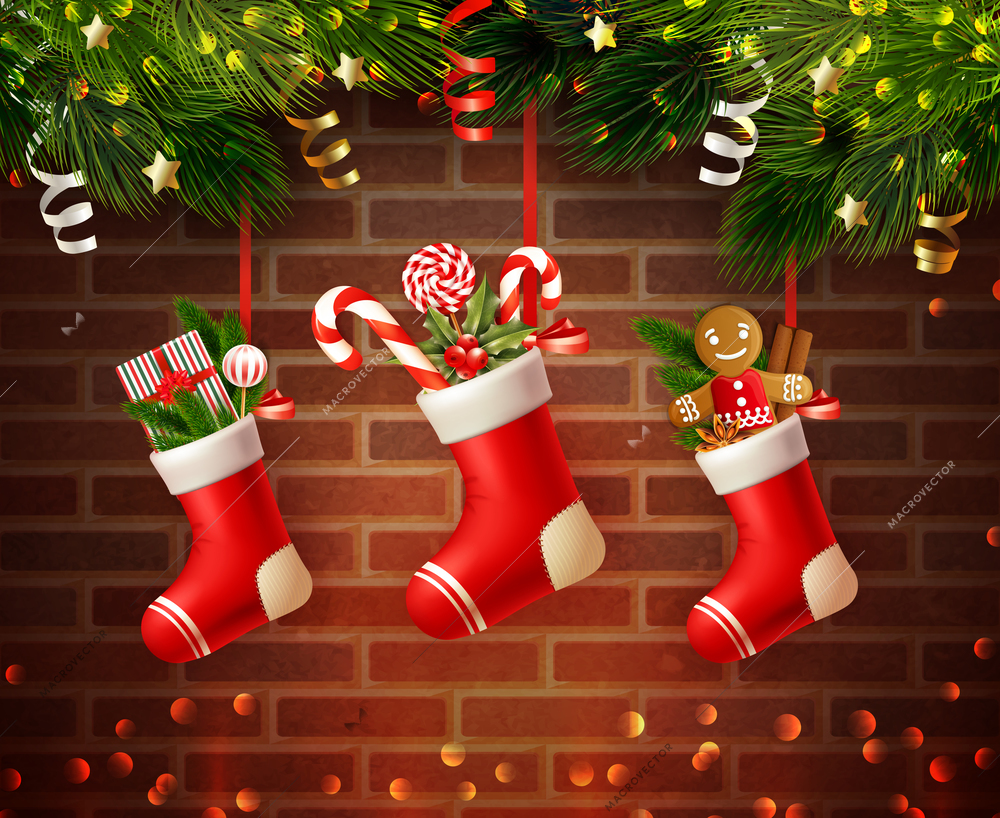 Christmas composition with festive socks filled with new year gifts and fir needle with brick wall vector illustration