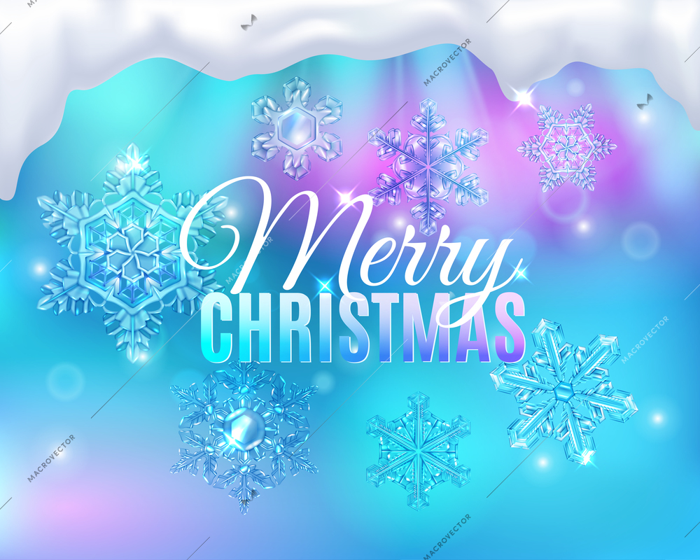 Christmas background with editable text and foggy glass snowhawk with snowflakes and gradient lights glowing particles vector illustration