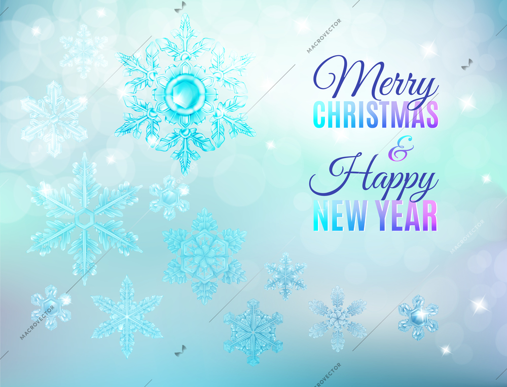 Christmas icy background with editable text and glass texture covered with steam snowflakes and shiny particles vector illustration