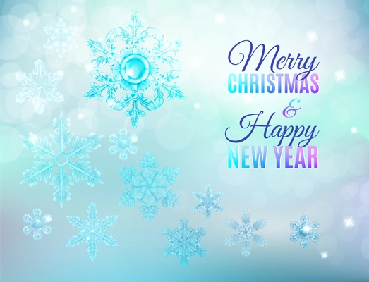 Christmas icy background with editable text and glass texture covered with steam snowflakes and shiny particles vector illustration