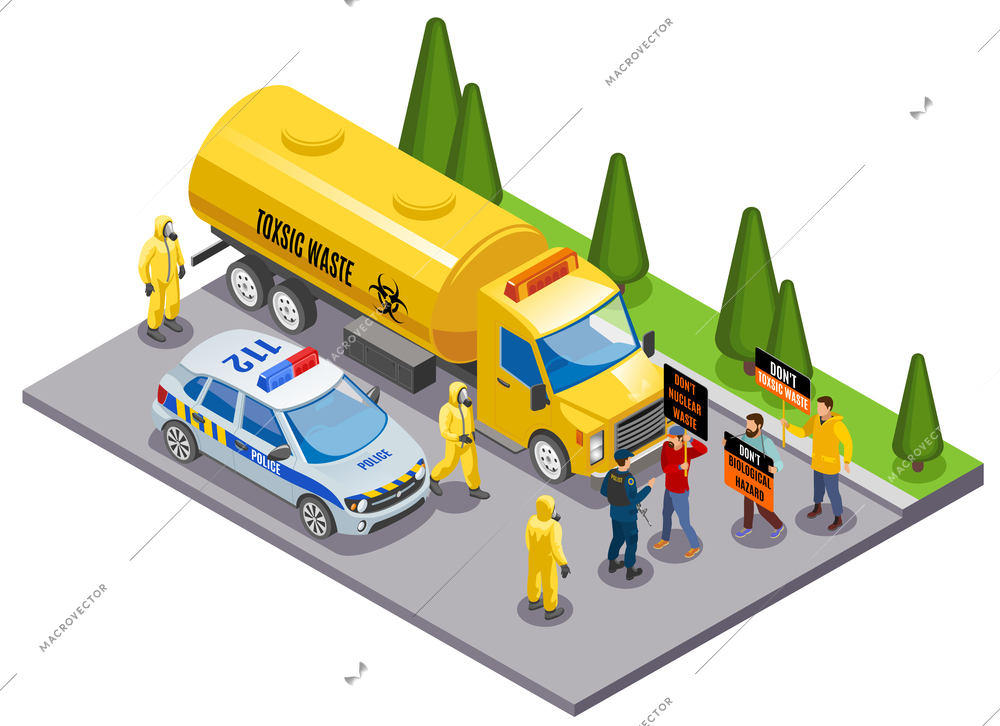 Toxic waste disposal danger awareness isometric composition with environmental activists stopping truck transporting hazardous materials vector illustration