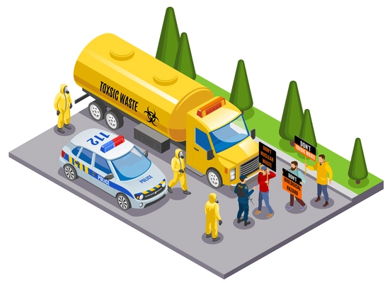 Toxic waste disposal danger awareness isometric composition with environmental activists stopping truck transporting hazardous materials vector illustration