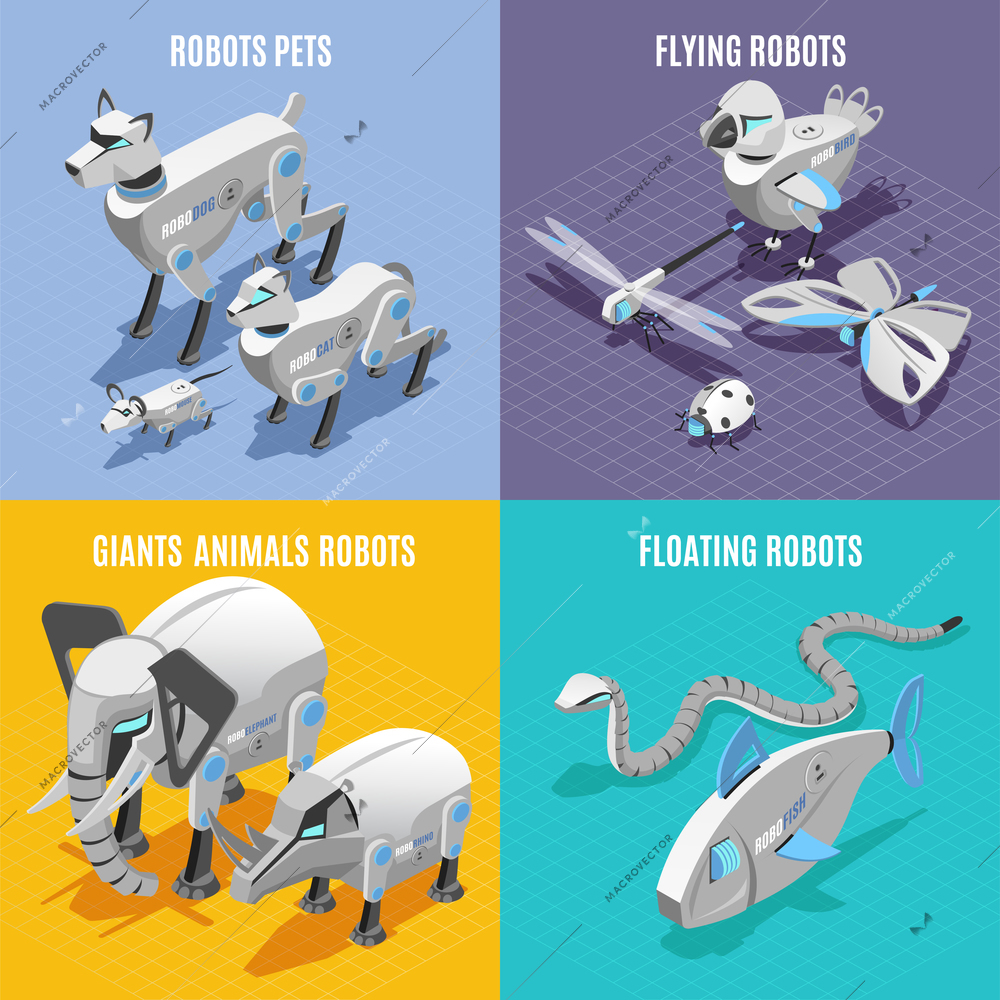 Animals robots concept 4 colorful background isometric icons square with automated pets insects fish snake vector illustration