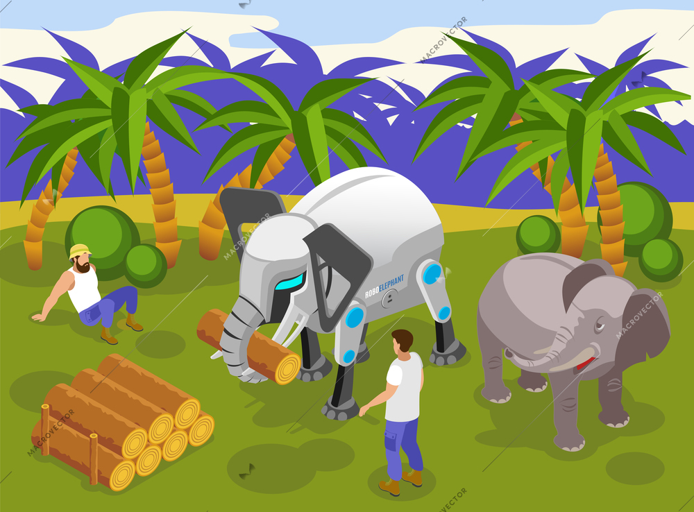 Animals robots at work isometric composition with automated giant elephant carrying heavy logs tropical background vector illustration