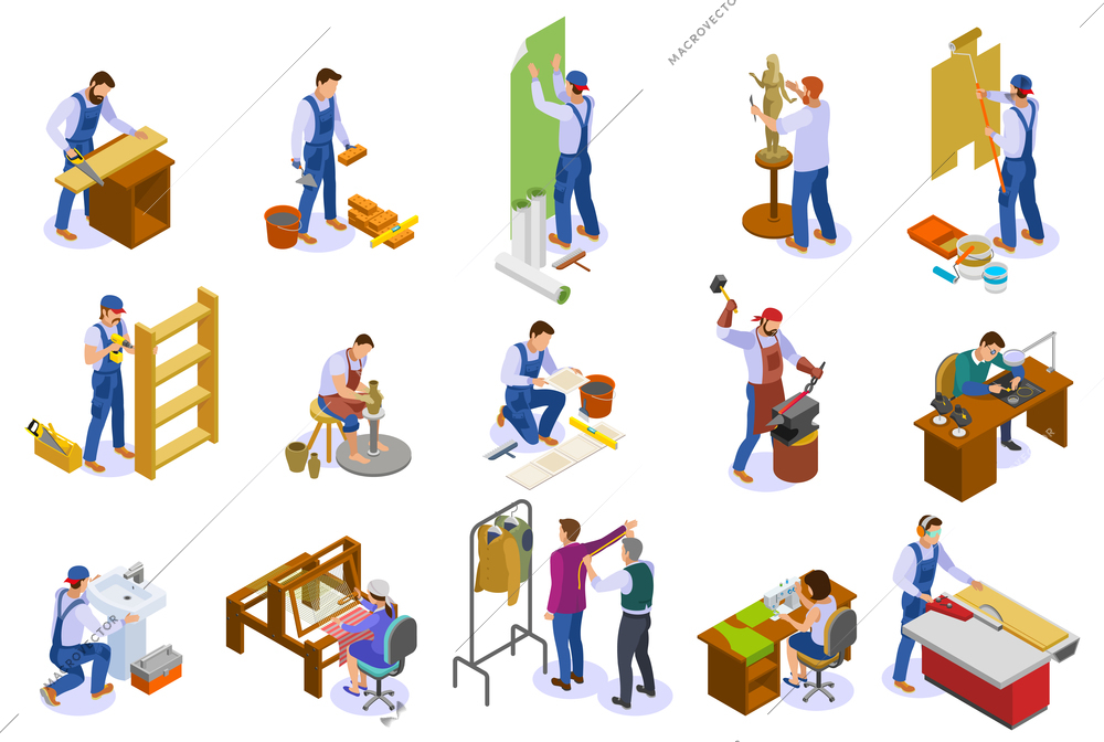 Craftsman isometric icons set with hand loom weaver carpenter sculptor tailor potter at work isolated vector illustration