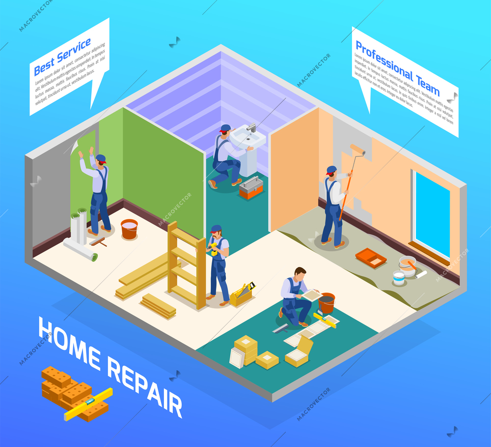 Home repair craftsman isometric composition with house remodeling professional team flooring painting sanitary installation service vector illustration