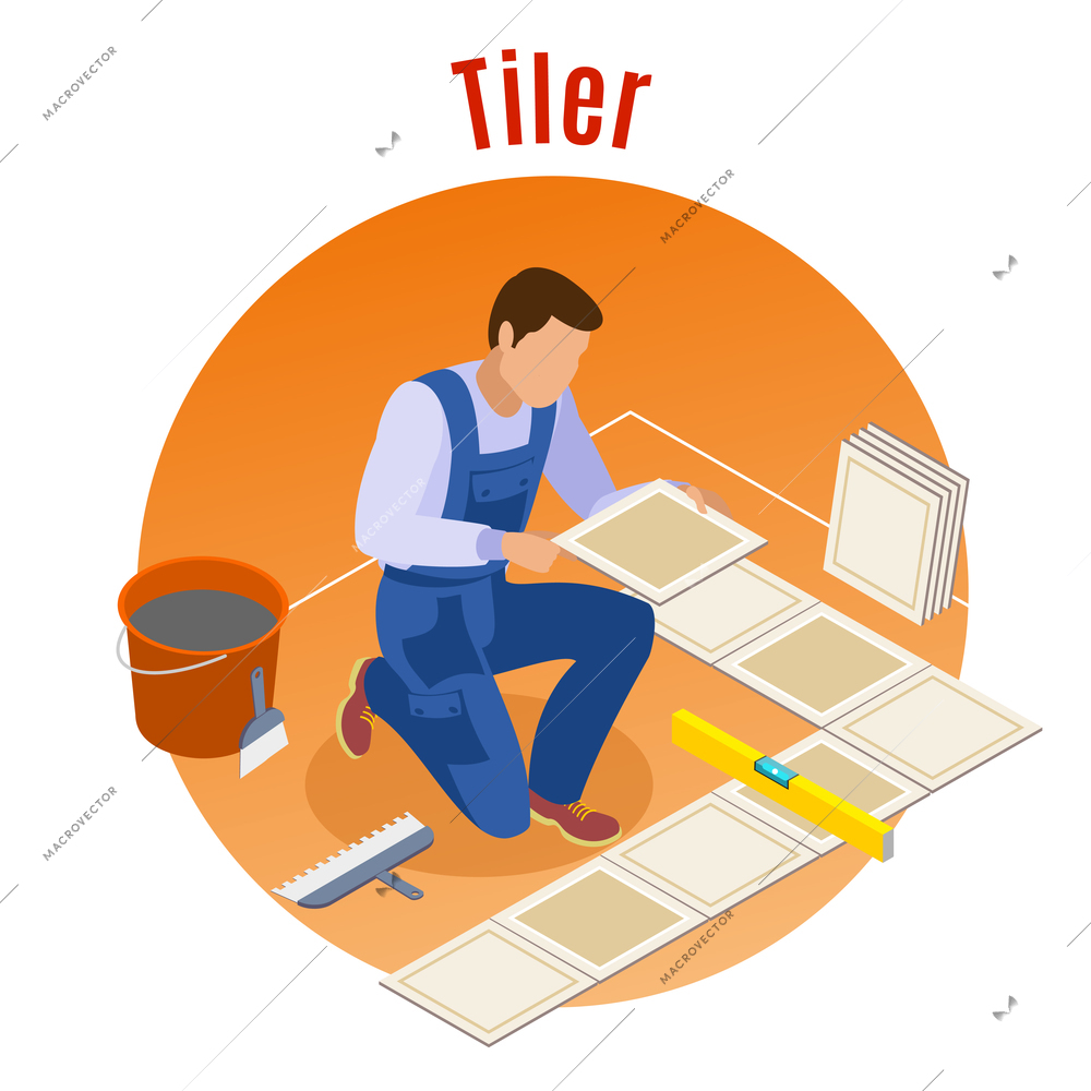 Craftsman home repair and remodeling isometric decorative round background composition with floor tiler at work   vector illustration