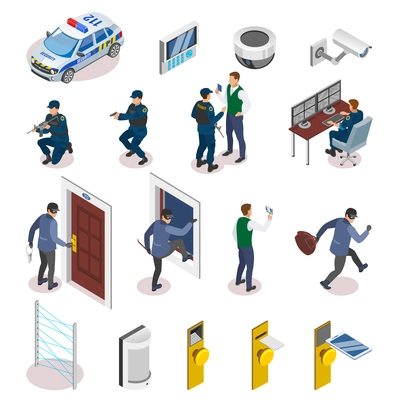 Security systems isometric icons set with laser motion sensors surveillance camera operator officers in action vector illustration