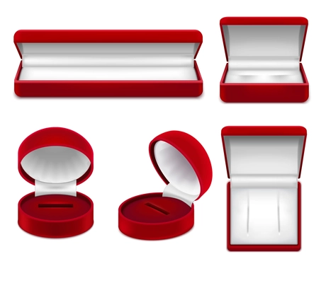 Set of realistic open red jewelry boxes for necklace bracelet ear rings or studs isolated vector illustration