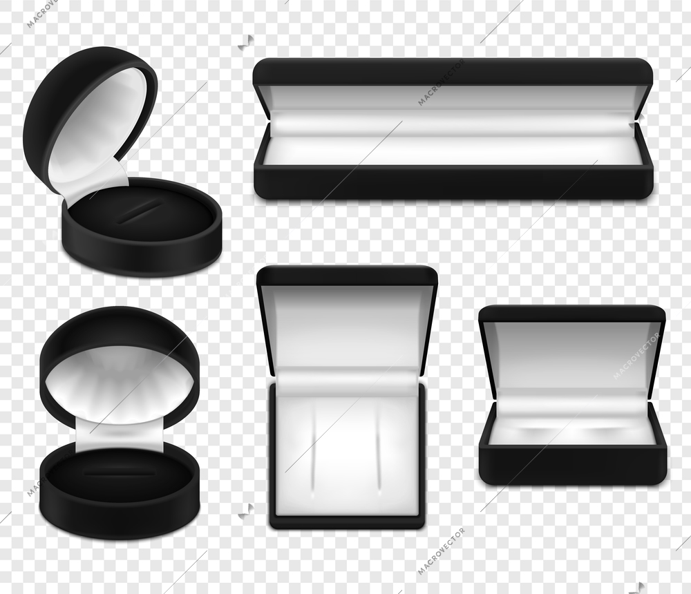 Set of realistic open empty black jewelry boxes on transparent background isolated vector illustration