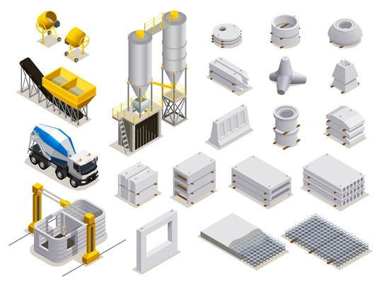 Concrete production set of isometric icons with manufacturing equipment transport and finished stone details isolated vector illustration