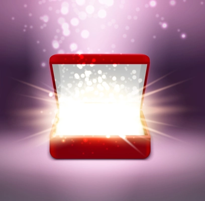 Realistic red open jewelry box with shine on blurred purple background vector illustration