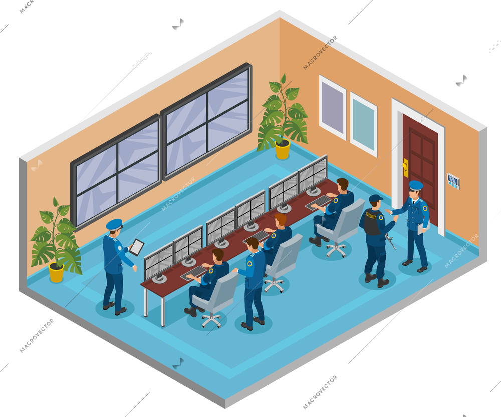 Security systems isometric composition with cctv surveillance cameras monitoring and responding operators officers room interior vector illustration