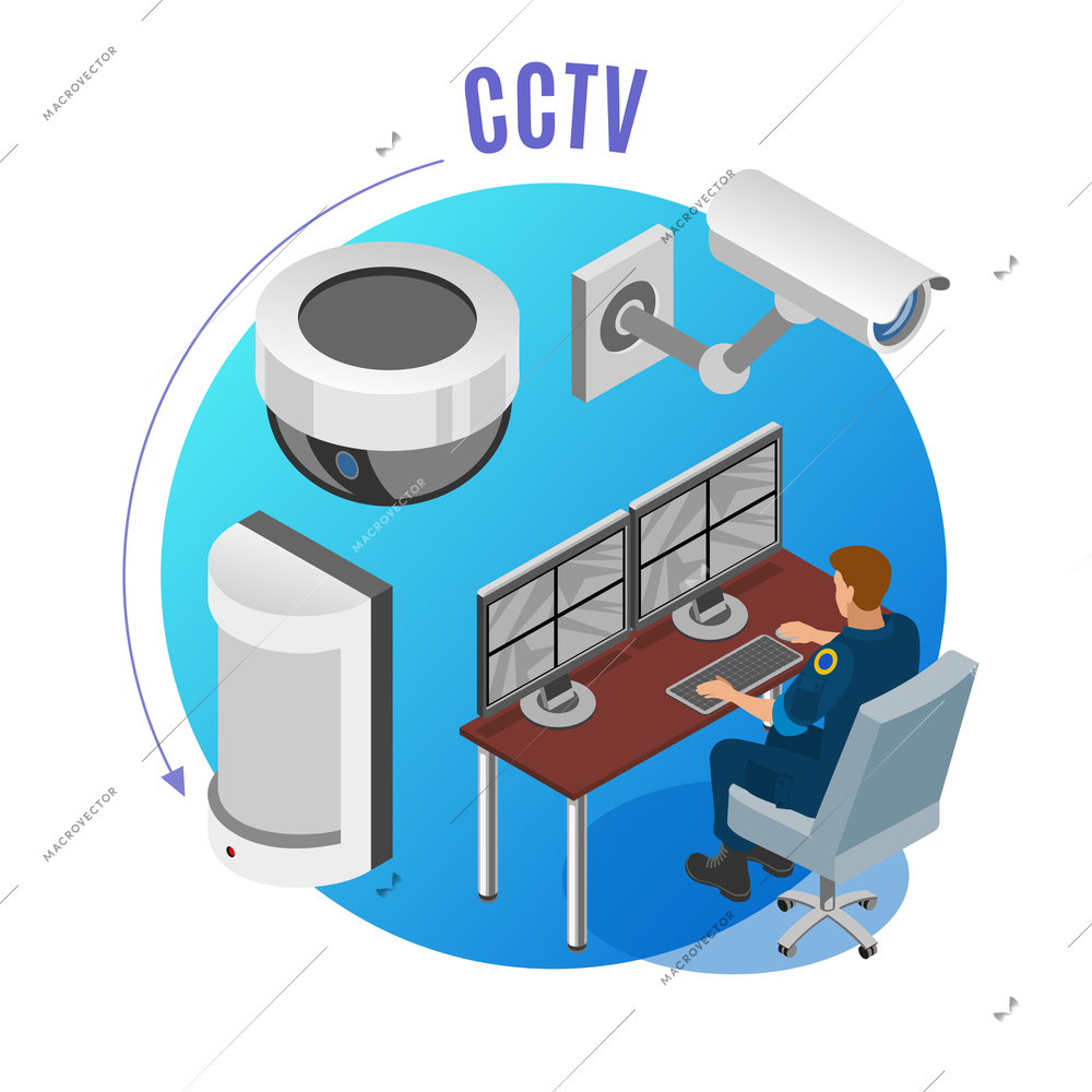 Security system cctv cameras motion sensors observation monitoring devices operator isometric composition blue round background vector illustration