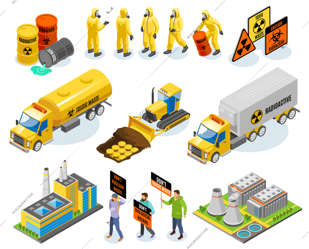 Toxic waste isometric icons with nuclear power plant biological infectious materials transportation disposal environmental activists vector illustration