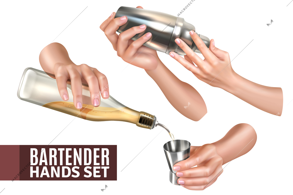 Bartender hands pouring and mixing cocktails realistic set isolated on white background vector illustration
