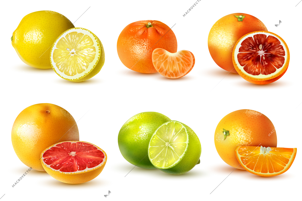 Realistic citrus fruits set with lemon lime orange grapefruit tangerine isolated on white background vector illustration