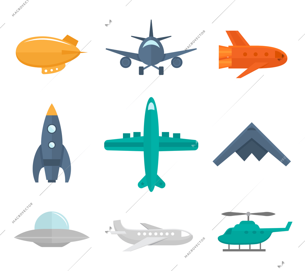 Aircraft icons flat set of zeppelin aircraft war fighter isolated vector illustration