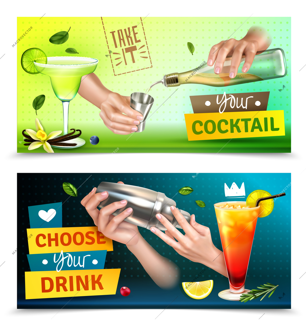 Realistic set of two colorful horizontal banners with bartender hands mixing cocktails isolated vector illustration