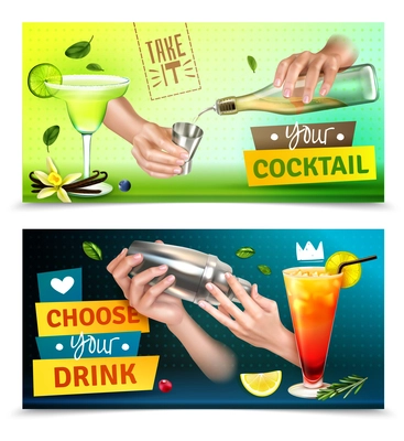 Realistic set of two colorful horizontal banners with bartender hands mixing cocktails isolated vector illustration