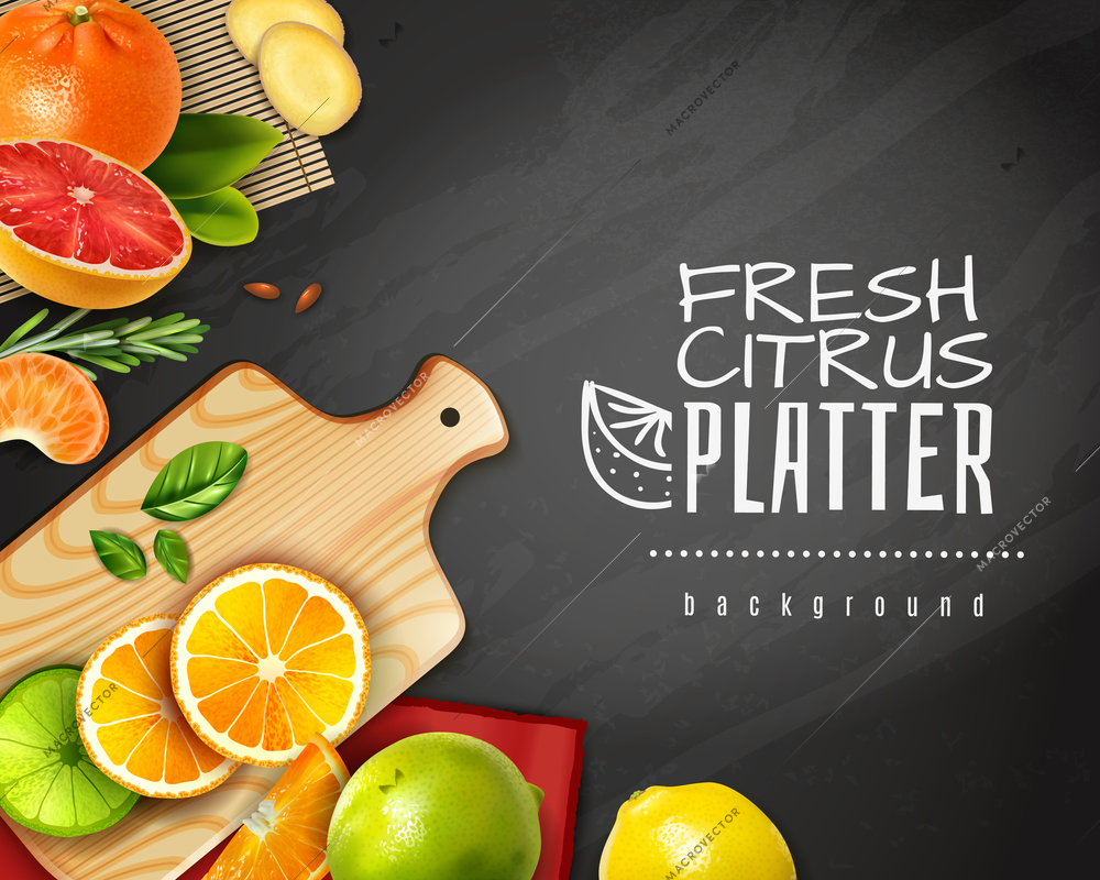 Realistic sliced citrus fruits on chalkboard background vector illustration