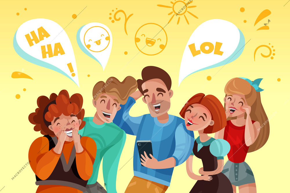 Group of people watching funny video and laughing cartoon vector illustration