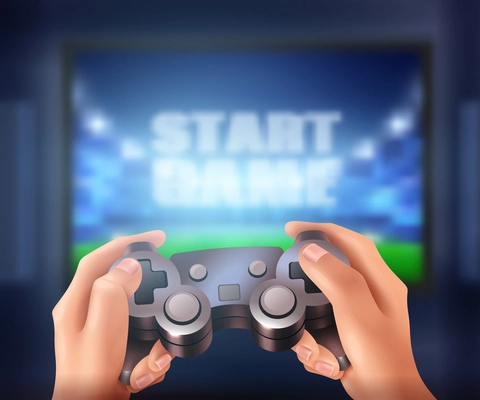 Human hands holding controller and starting video game on big screen realistic vector illustration