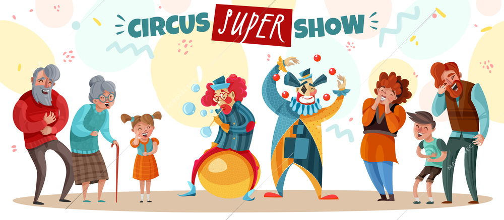 Elderly people adults and children laughing at circus clown show cartoon vector illustration