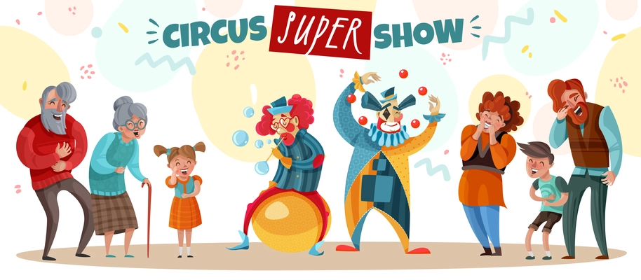 Elderly people adults and children laughing at circus clown show cartoon vector illustration