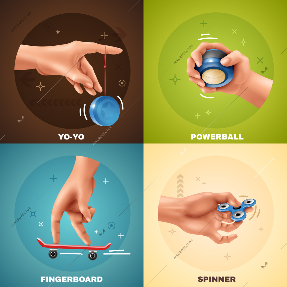 Hand games realistic design concept with yoyo fingerboard powerball and spinner isolated on colorful background vector illustration
