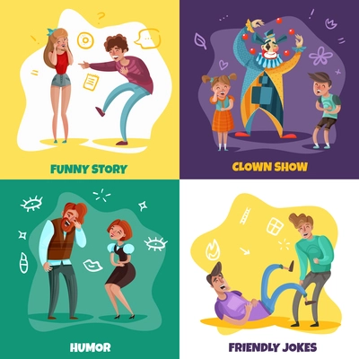 Cartoon design concept with people laughing at funny stories and clown show isolated on colorful background vector illustration