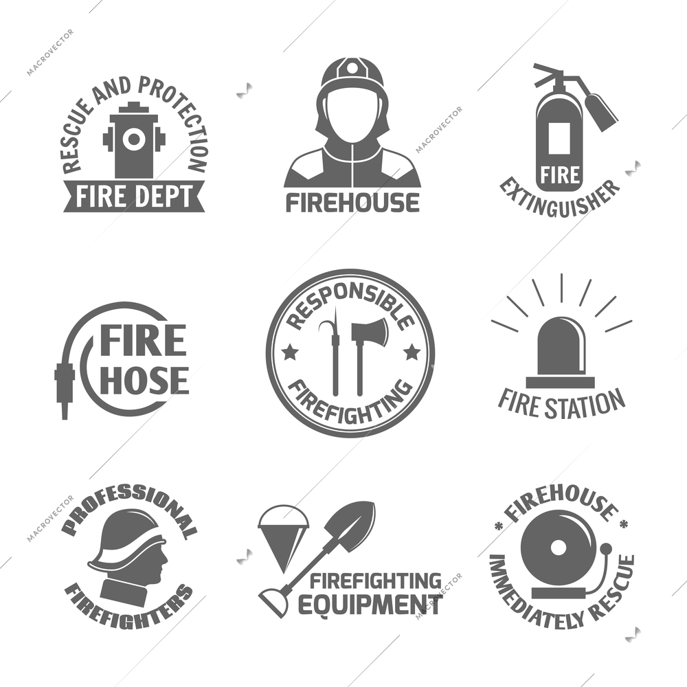 Firefighting rescue and protection fire department firehouse extinguisher label set isolated vector illustration