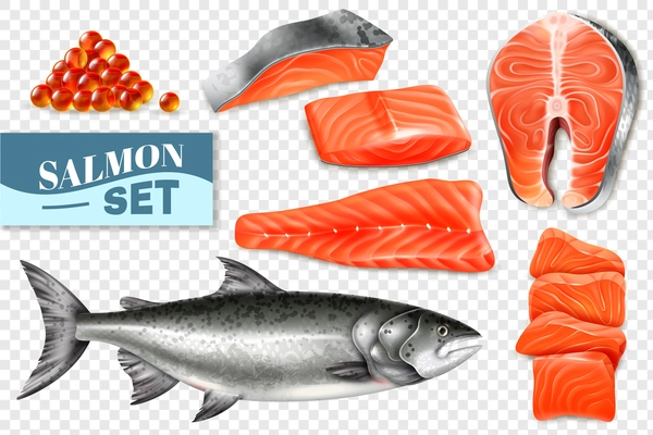 Realistic set of salmon fish steaks and caviar isolated on transparent background vector illustration