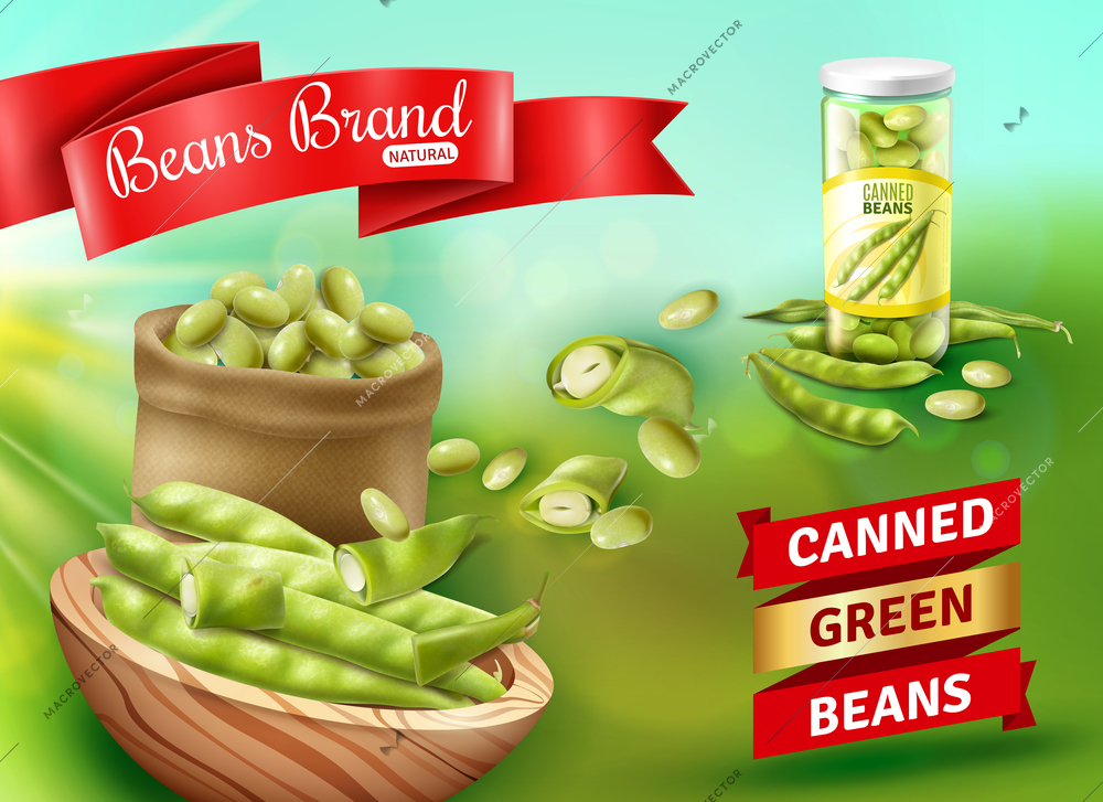 Realistic advertising poster with natural canned green beans vector illustration