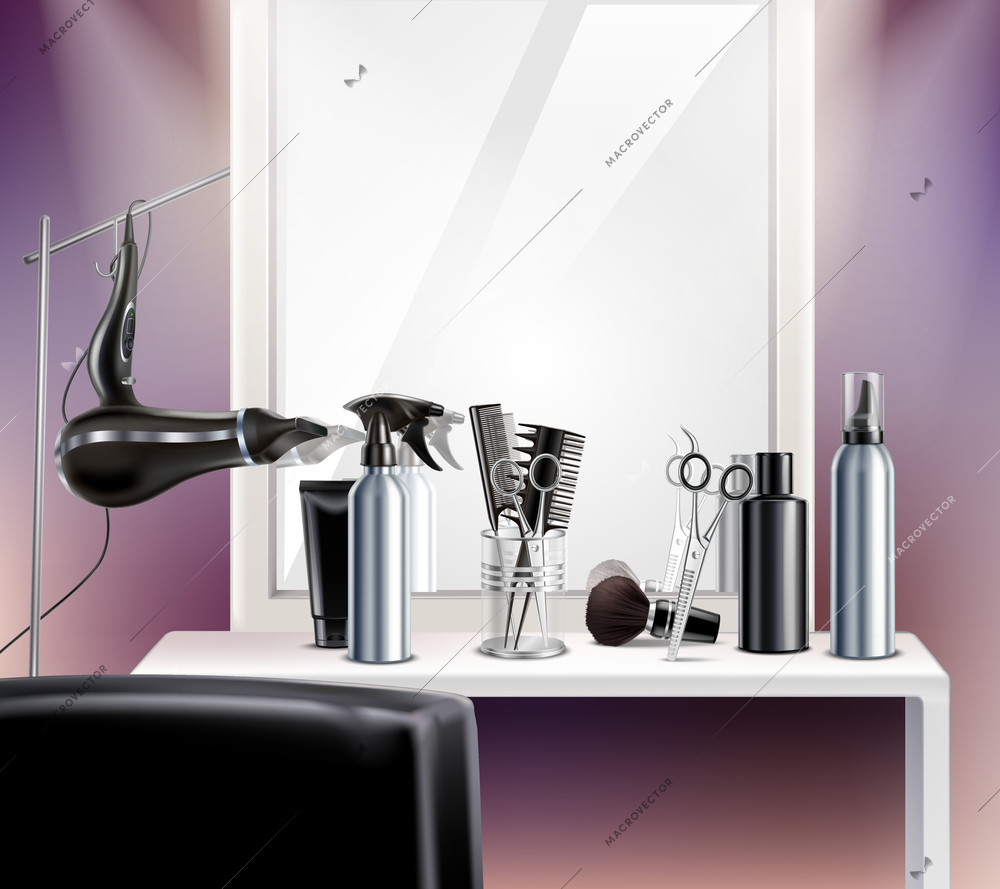 Hairdress tools for composition with mirror hair dryer and scissors realistic vector illustration