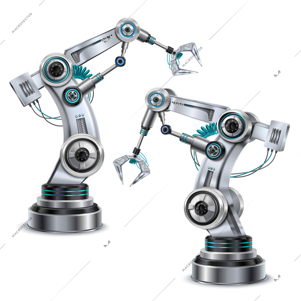 Robotic arm realistic set with modern technology symbols isolated vector illustration