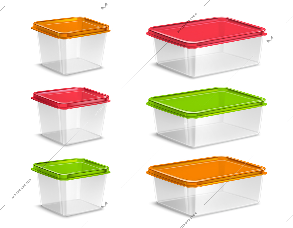 Plastic colored food containers set realistic isolated vector illustration