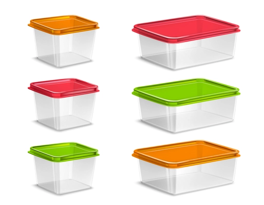 Plastic colored food containers set realistic isolated vector illustration