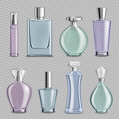 Perfume glass bottles set on transparent background realistic isolated vector illustration