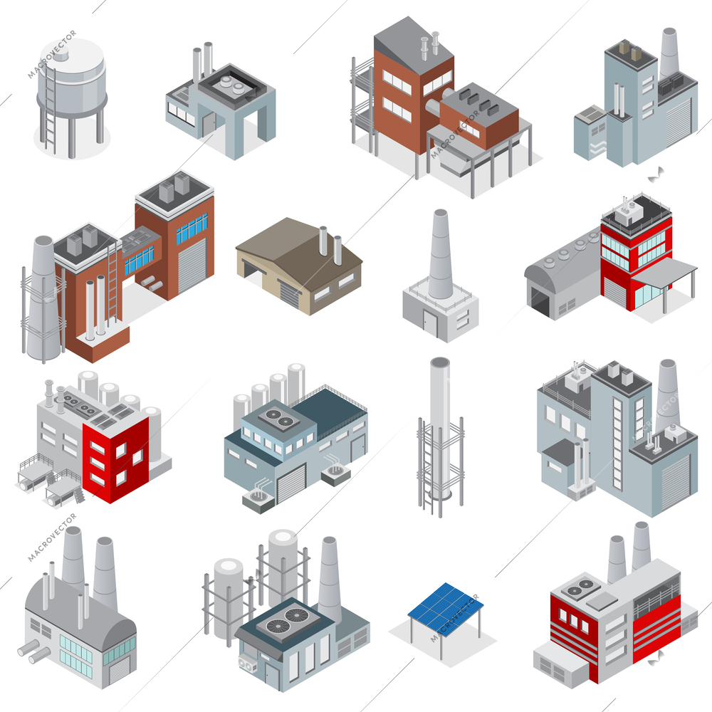 Industrial buildings isometric set of elements for factories and power plants constructor isolated vector illustration