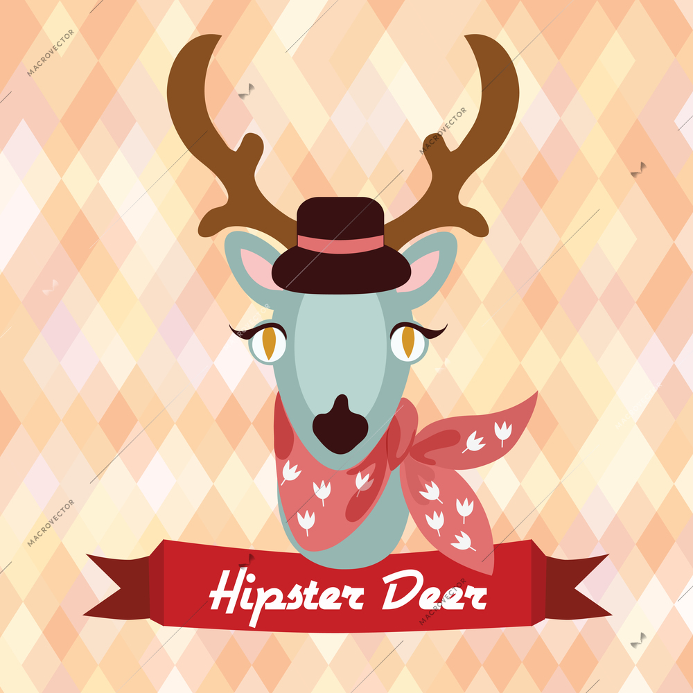 Hipster deer with neck handkerchief on rhombus background vector illustration