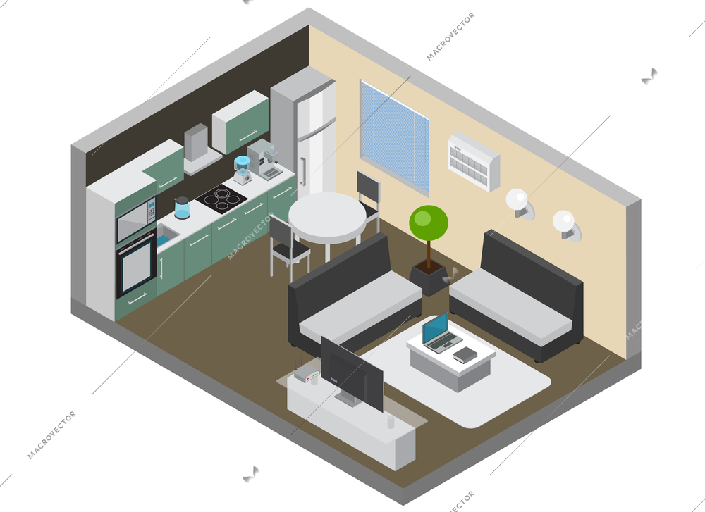 Home interior with consumer electronics so as kitchen gadgets wireless pc and tv devices conditioner and refrigerator isometric vector illustration